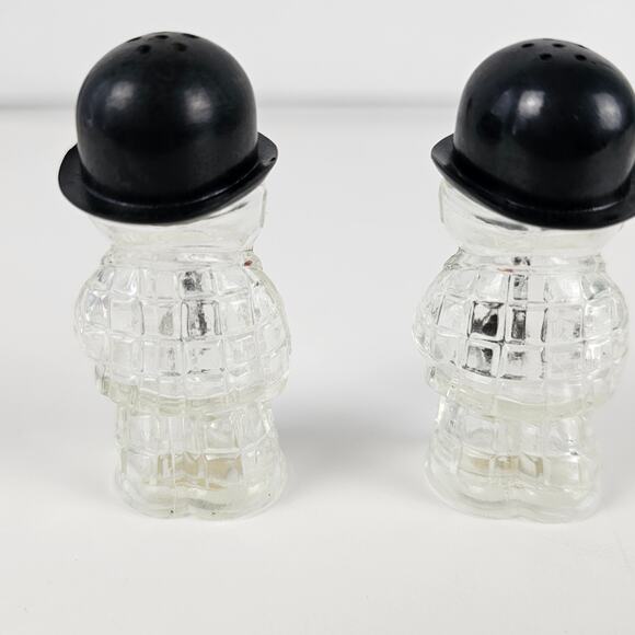 VTG pair glass salt & pepper shakers men in bowler hats painted details - Picture 3 of 4